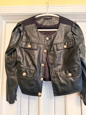 Central Park West Black Faux Leather Button-Front Jacket medium